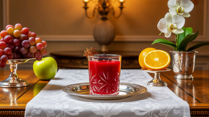 A vibrant red drink garnished with star anise, surrounded by fresh fruits and an orchid in an opulent setting