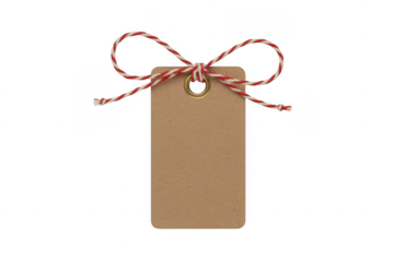 Brown gift tag with red and white string paper isolated on a transparent background