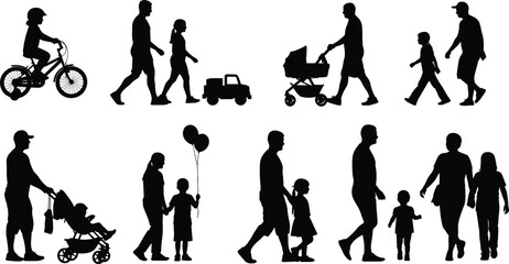 Family silhouettes set showing parents and children walking, playing, cycling and pushing stroller, daily life activities, parenting, childhood moments illustration