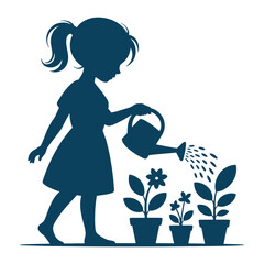 Little Girl Watering Plants Silhouette Illustration