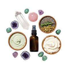 Natural skincare products surrounded by crystals and herbs isolated on transparent background