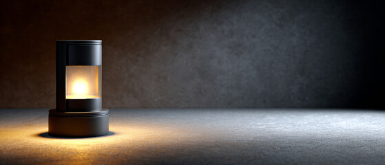 Modern black metal lantern emitting warm light on textured surface with dark moody background and empty space