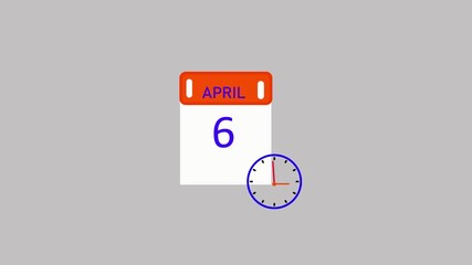 april 6 Date Calendar Icon Animation with clock february month 6 date calendar icon clock animation. Digital calendar month concept design. stunning 4k animation.