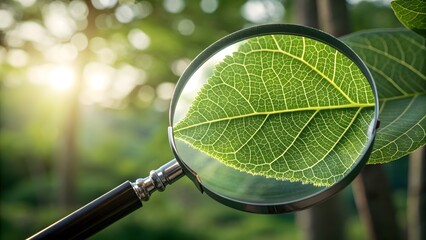 Magnifying glass examining a vibrant green leaf in a forest, detailed texture and veins visible