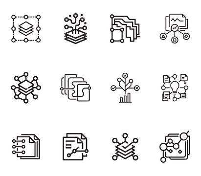 A collection of icons representing data processing, machine learning, and network concepts
