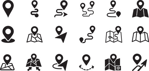 Location icon set with map, pin, navigation, distance, direction and address symbols in solid vector style. © Mst.Atina