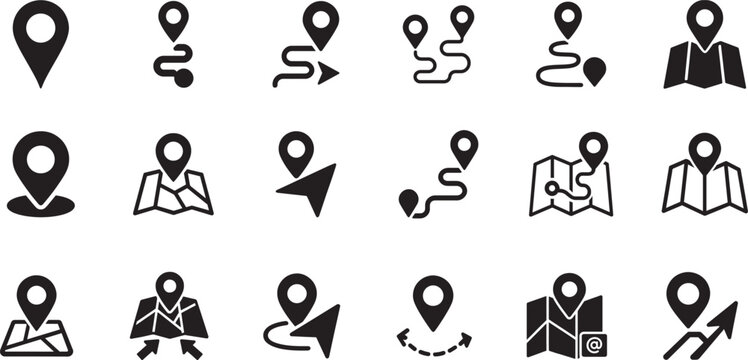 Location icon set with map, pin, navigation, distance, direction and address symbols in solid vector style.