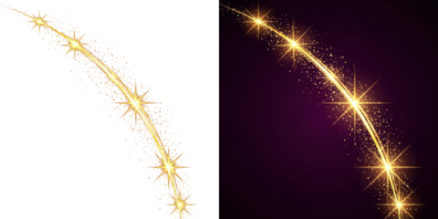 A sparkling golden streak of light shines brightly against a contrasting black and purple background with starry effects.