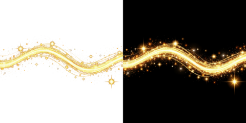 A vibrant golden light wave with sparkling stars on a black background