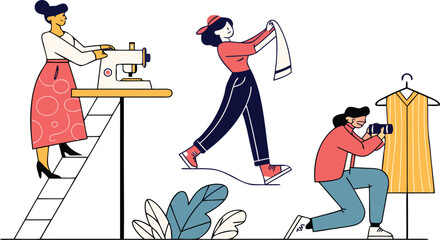 Fashion designers and photographer working on clothing collection