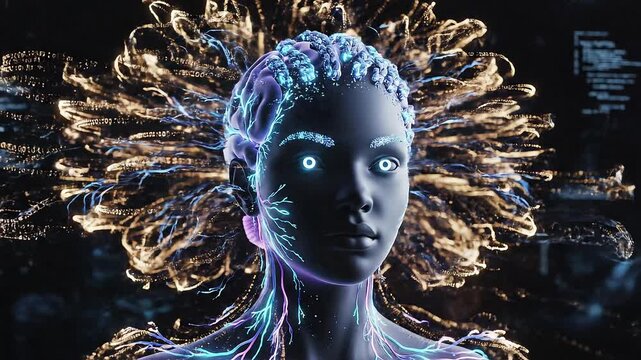A futuristic metallic humanoid robot or artificial intelligence entity interacts with a swirling vortex of glowing digital particles and data streams in a dark hightech environment symbolizing advanc.
