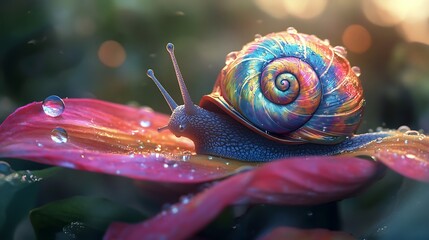 A cute snail with a colorful shell inching along a dew-covered flower petal 