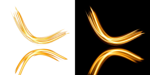 A stunning visual representation of golden light trails on a black background with reflective curves