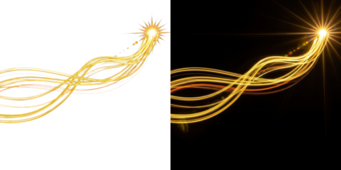 A stunning visual representation of golden light trails swirling against a dark background with bright starbursts