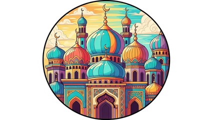 Obraz premium Illustrated mosque with multiple domes isolated on white background