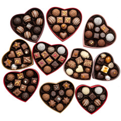 Assorted heart-shaped boxes of gourmet chocolates isolated on transparent background