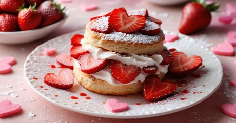 Strawberry shortcake presented beautifully. Creamy layers, heart shaped fruit, powdered sugar. Festive pink background, romantic dessert.
