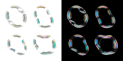 A collection of transparent bubbles with rainbow colors on a black background