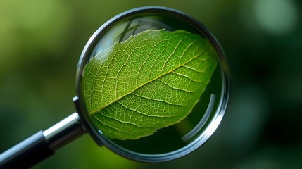 Magnifying Glass Examining Green Leaf with Detailed Veins in Nature