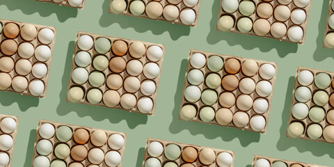 Easter Eggs in paper package at natural daylight, minimal style banner with white beige green...
