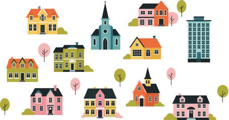 Obraz premium Colorful Town Buildings Vector Illustration Set Featuring Houses, Church, Apartments, and Urban Architecture for Cityscape, Real Estate, Map, and Neighborhood Design Projects