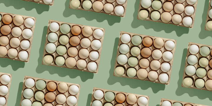 Easter Eggs in paper package at natural daylight, minimal style banner with white beige green colored Chicken egg with soft pastel eggshells, aesthetic holiday repeat pattern, organic dyed eggs.