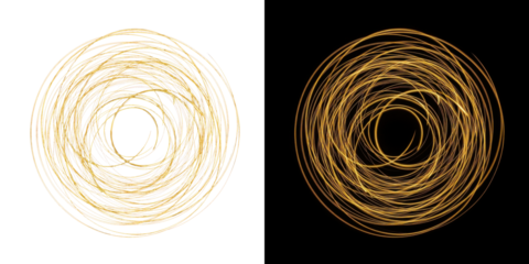 A mesmerizing digital artwork featuring two golden spiral patterns on a black background