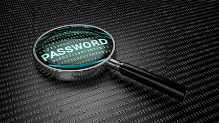 Password security concept with magnifying glass and binary data
