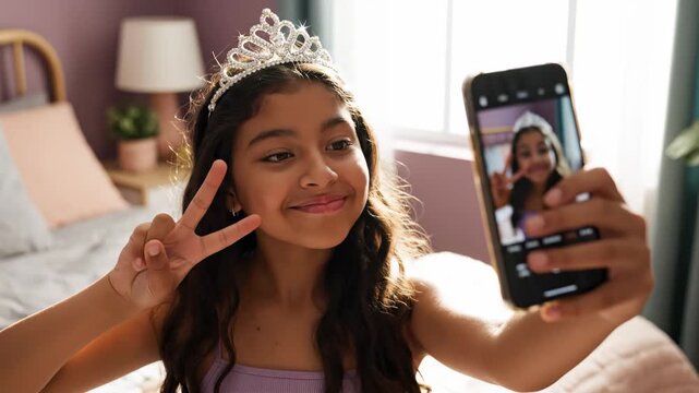 A young girl wearing a sparkling tiara captures joyful selfies in her cozy bedroom, expressing excitement and happiness on her special day. The lively atmosphere radiates pure delight.