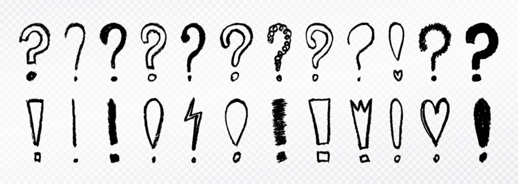 Set of doodle question and exclamation marks drawn by crayon. Grunge brush stroke punctuation marks in black, isolated on transparent background.