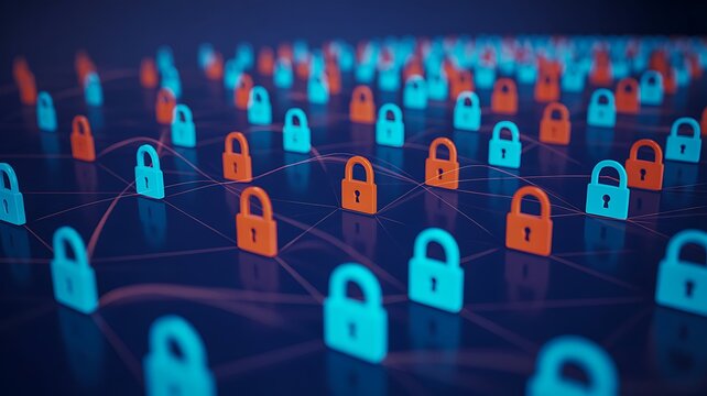 Digital network security with padlock icons and data protection
 - Powered by Adobe