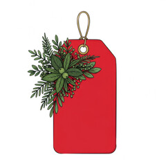 Vibrant red gift tag with festive greenery isolated on transparent background