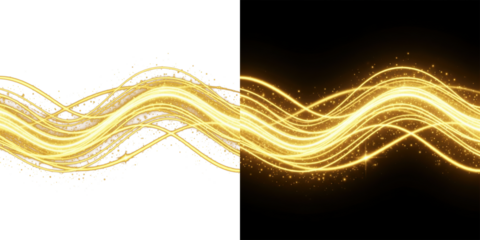 A vibrant golden light wave glowing against a dark background with sparkling particles