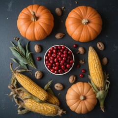 Top-down view of various autumn harvest ingredients including pumpkins, berries, and herbs arranged on a dark slate surface.