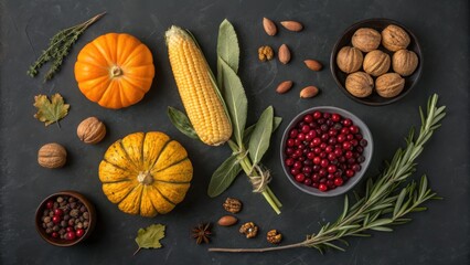 Top-down view of various autumn harvest ingredients including pumpkins, berries, and herbs arranged on a dark slate surface.