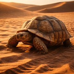 Desert tortoise walking on golden sand dunes at sunset