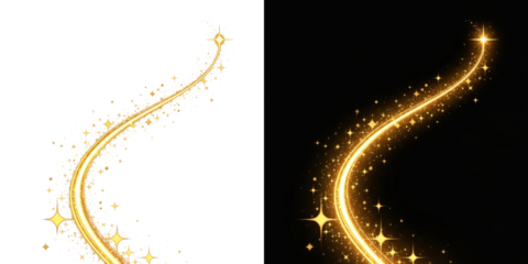 A golden sparkly design element with a wavy line and stars on a black background