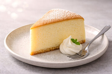 Fluffy cheesecake slice dusted with powdered sugar and whipped cream