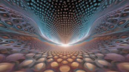 Fototapeta premium Digital art shows a colorful abstract scene with patterns and shapes in a tunnel view