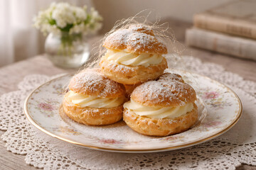 Cream puffs with powdered sugar on vintage plate