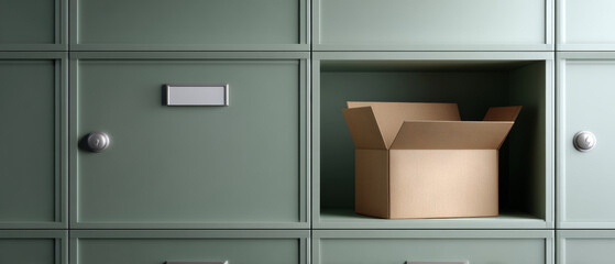 Open cardboard box placed inside a green metal locker compartment with closed lockers surrounding it in a storage room
