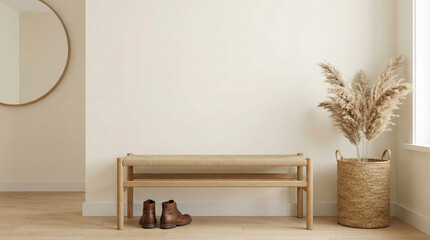 Minimalist hallway interior with wooden bench and round mirror. Beige wall background with pampas grass decoration in basket