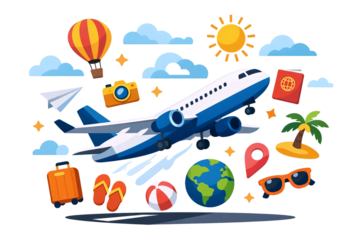 Airplane Surrounded by Travel Icons.