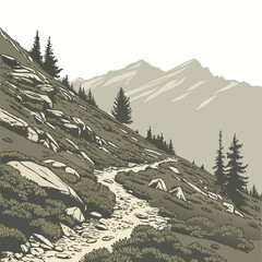 Alpine ridge with gentle slope and rocky trail mountain © RUJINA