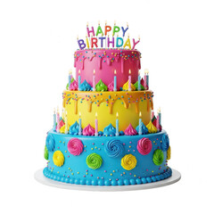 Celebratory multi-tiered birthday cake with colorful decorations isolated on transparent background