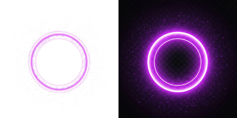 A futuristic illustration of two glowing purple rings against a dark background with stars