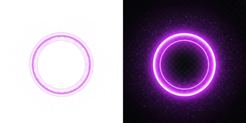 A futuristic illustration of two glowing purple rings against a dark background with stars