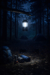 Camping lantern hanging in dark forest at night