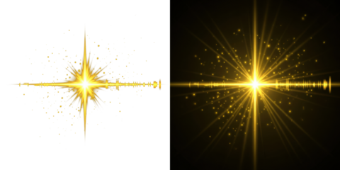 A bright yellow starburst shines against a dark background with sound waves and particles