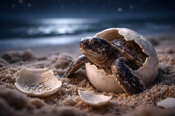 Baby sea turtle emerging from egg on sandy beach
